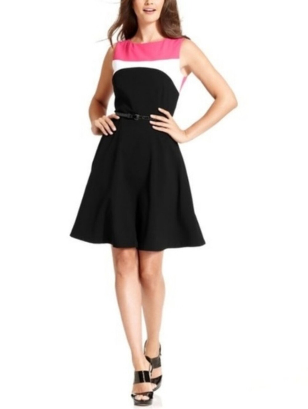 Calvin Klein Pink White & Black Colorblock Sleeveless Belted A-Line Dress Size 6